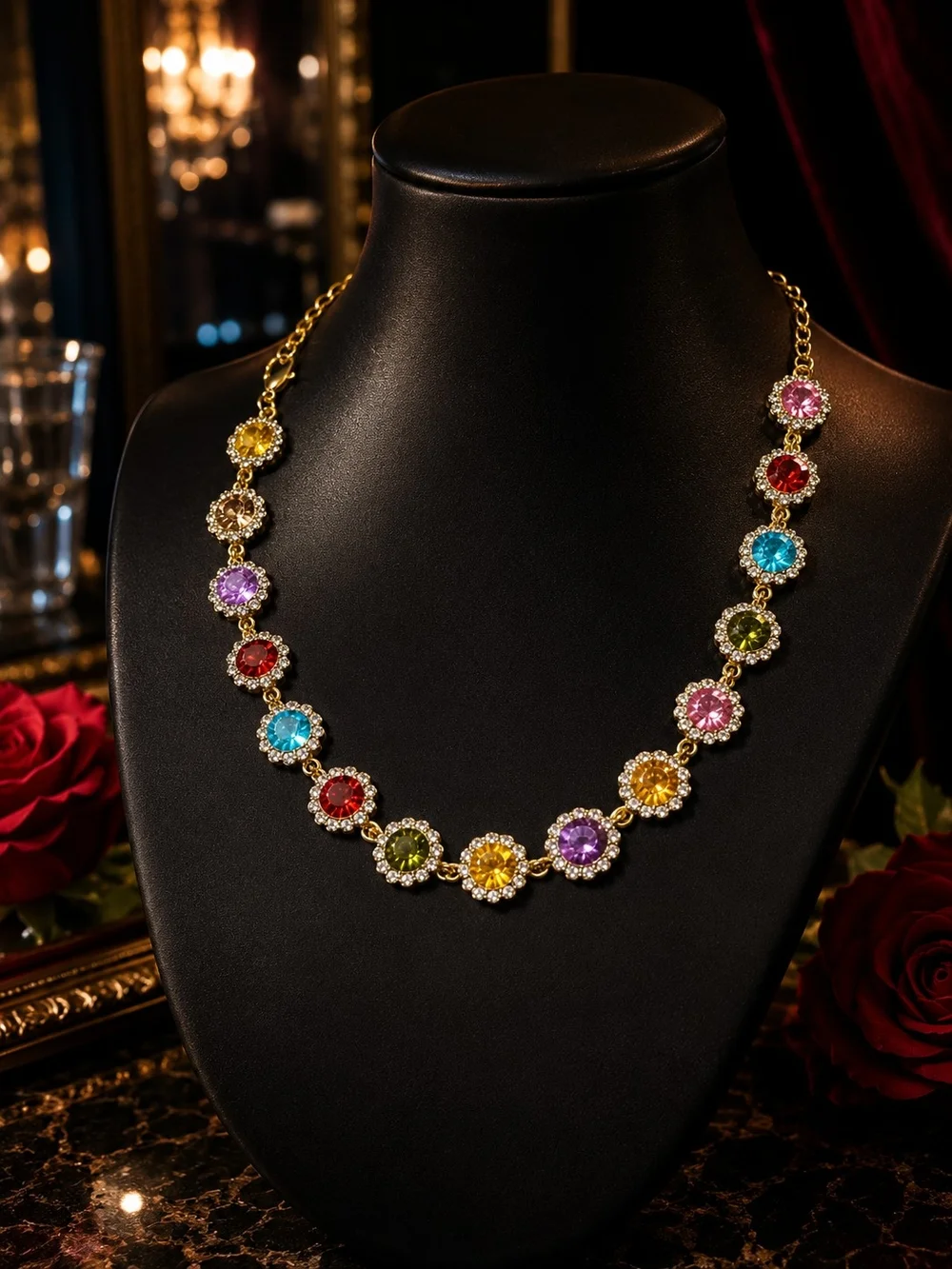 Gold-Tone Multicolor Cz Crystal Necklace - Women's Fashion Jewelry